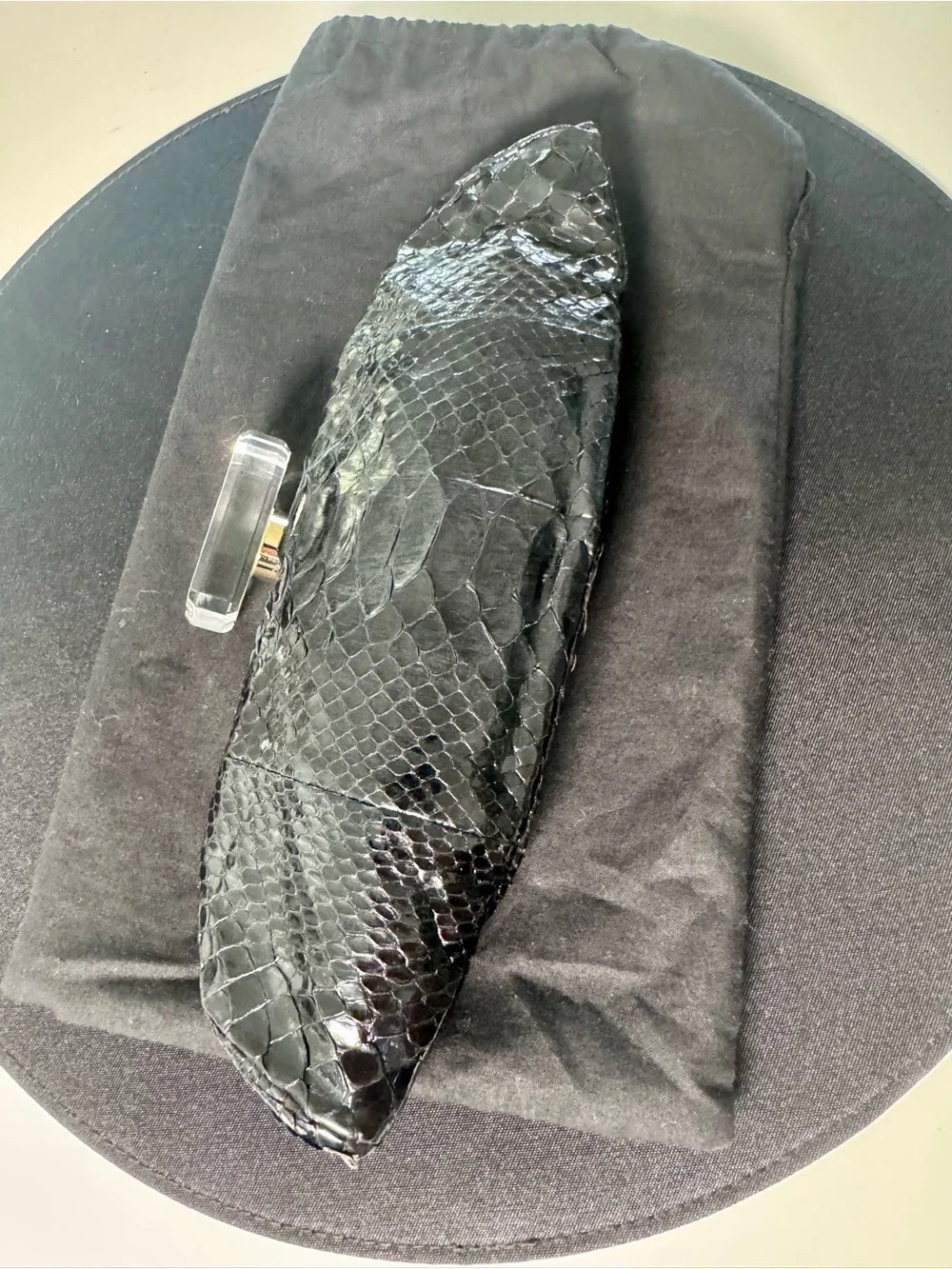 CHANEL Black Python Clutch with Lucite Turn Lock